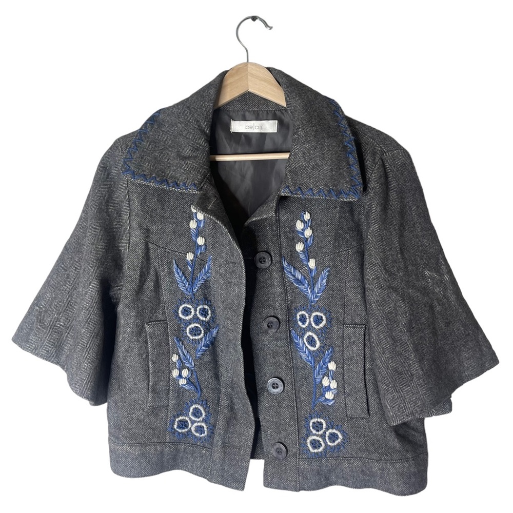 Bel-Air Wool Blend Floral Embroidered Gray Cropped Blazer